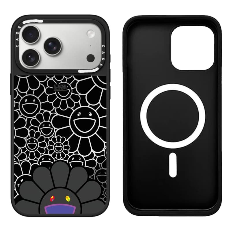 TAKASHI MURAKAMI x CASECASE: FLOWERS BLOOM SMILE (ĐEN) Gương đen & bạc Vỏ iPhone hút từ tính cho iPhone 17 Air 16 15 14 13 12 Pro Max Plus logo khắc