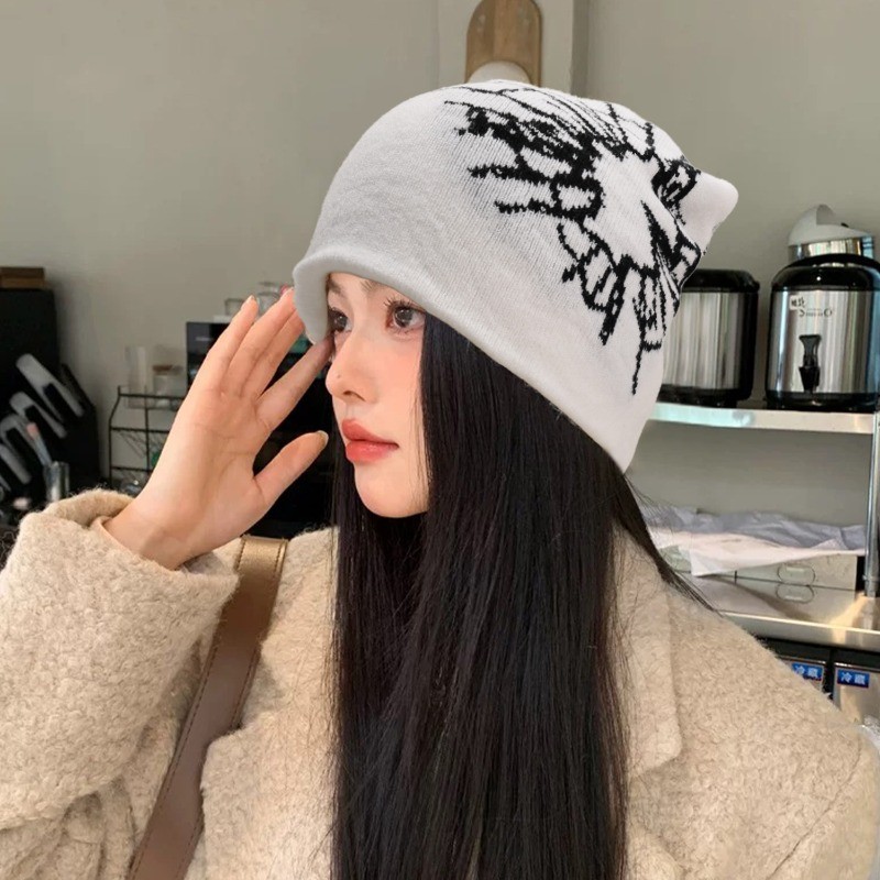 Mũ dệt kim họa tiết Jacquard Y2K Gothic, phù hợp trượt tuyết và cưỡi ngựa