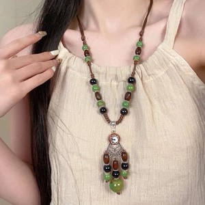 Bohemian Gốm Đính Hạt Vòng Cổ Nữ Phong Cách Dân Tộc Retro Dài Dệt Kim Xương Đòn Dây Xích Cổ Phù Hợp Với Áo Len Dây Xích