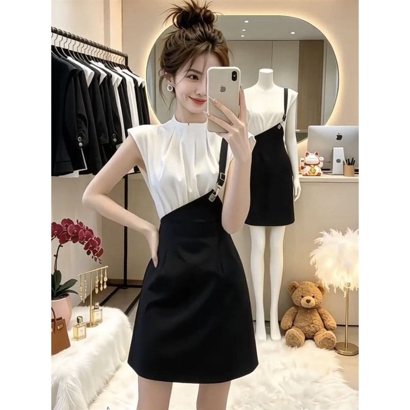 Mùa Hè 2026 Influencer Phong Cách Mới Dây Đeo Giả Hai Mảnh Đầm Nữ Thiết Kế Khâu Màu Sắc Tương Phản Eo Eo Ôm Hơn Nhìn
