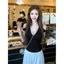 Design Feel Black Deep V Sling Áo thun quây mùa hè Đẹp tinh khiết bên ngoài Slim-fit Top