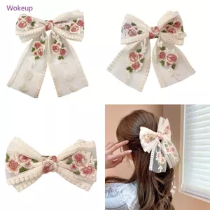 Woke Thêu Nơ Kẹp Tóc Ren Kẹp Tóc Ngọt Balletcore Buncher Kẹp Tóc