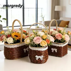 Giỏ hoa dệt MARGREDY, Hộ gia đình dệt tay giả mây, 3 kiểu có tay cầm Giá đỡ hoa trái cây