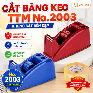 Cắt Băng Keo Để Bàn Trung TTM No.2003 Khung Sắt Bền Đẹp – Khay Cắt Băng Dính Tích Hợp 2 Lỗ Cắm Bút