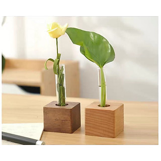 Bình hoa gỗ và ống nghiệm đế gỗ trang trí bàn làm việc cây thủy sinh