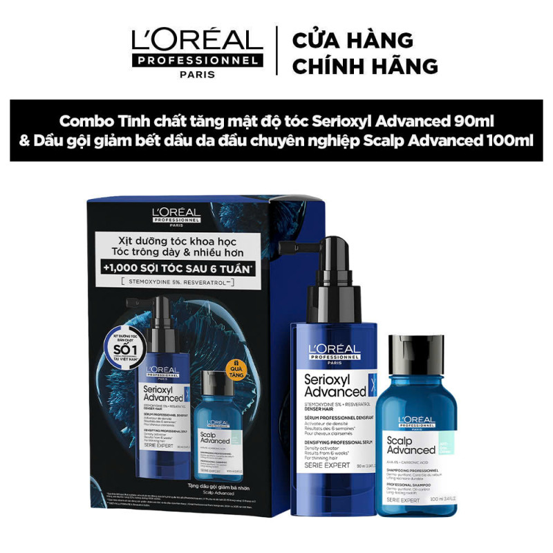 Combo Tinh chất tăng mật độ tóc Serioxyl Advanced 90ml & Dầu gội giảm bết dầu da đầu Scalp Advanced 100ml