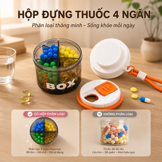 Hộp Thuốc Mini 4 Ngăn – Xoay Mở Từng Ngăn, Có Dây Silicon Treo