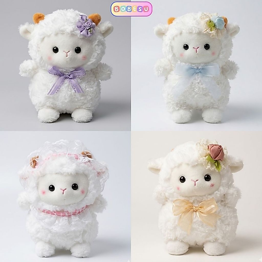 Gấu Bông Mini Cừu Đáng Yêu, Cừu Bông Mềm Mại Đính Yếm Nơ Hoa Xinh Xắn Quà Tặng Cho Bé