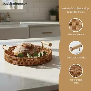 {BUDDI} Bộ 3 Khay Phục Vụ Tròn Mây Dệt Có Tay Cầm Bằng Gỗ Cho Nhà Bếp Snas Trái Cây Sử Dụng Tại Nhà {buddingenergy}