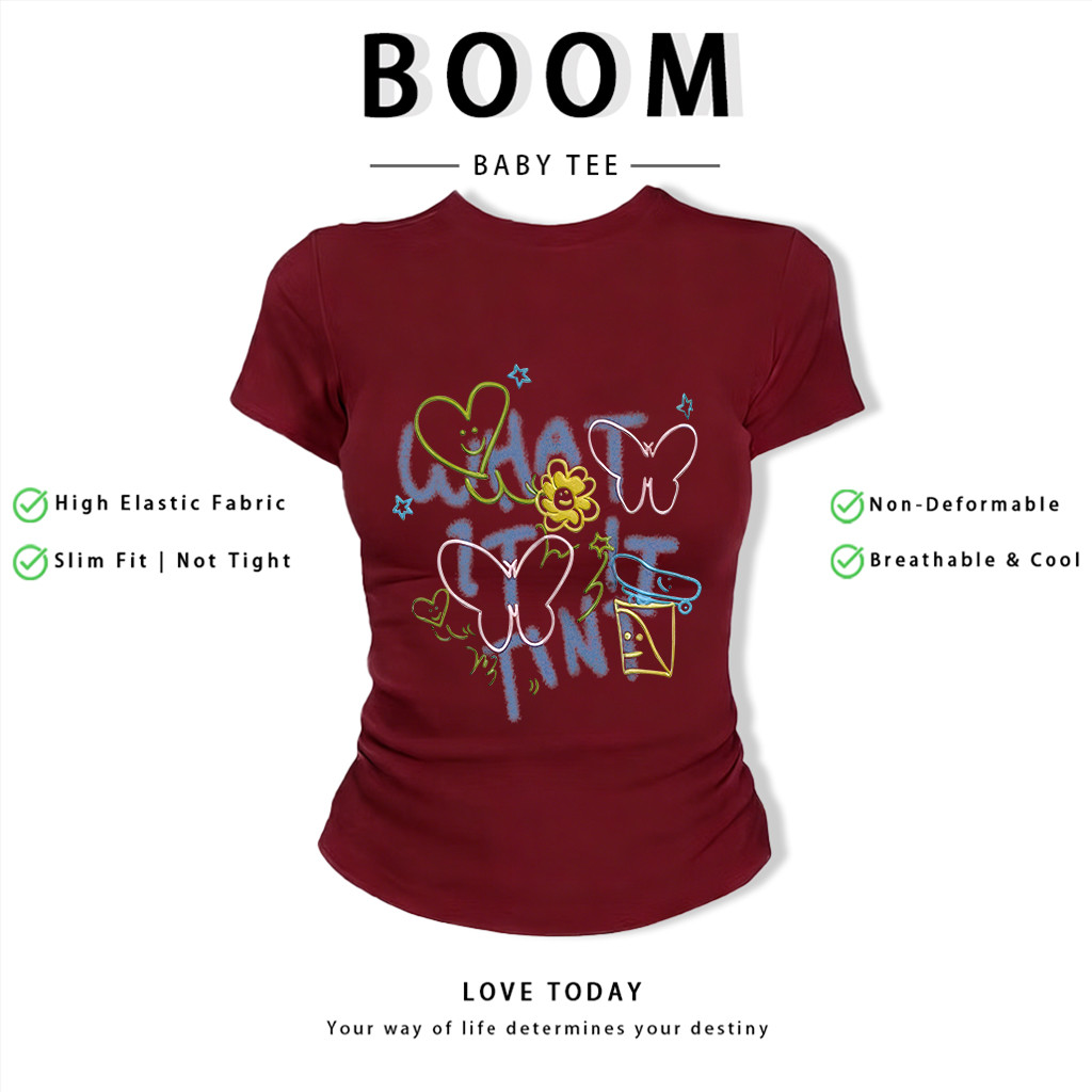 BOOM Áo Baby Tee Nữ Cotton Ôm Body-Áo Thun Ngắn Tay Y2K In Hình PhongCách Mùa Hè, Cổ Tròn Hàng Đầucách hàn quốc phong
