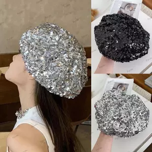 Mũ nồi đính sequin lấp lánh PYCOU, Mũ nồi sequin lấp lánh phong cách cổ điển mỏng, Hình bát giác sang trọng hợp thời trang Mũ nồi thời trang đám mây đầu lớn Mặc thường ngày