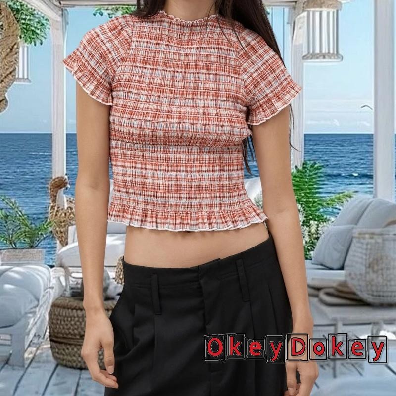 Áo sơ mi kẻ sọc ôm dáng, cổ ngắn tay crop ruffle, phù hợp dạo phố mùa hè
