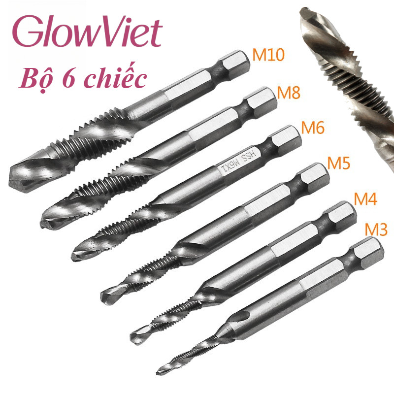 Bộ 6 Mũi Khoan Taro HSS Phủ Titan - Tạo Ren Chính Xác M3-M10, Chuôi Lục Giác