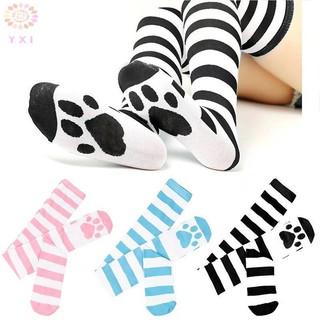 Y.X.I 1 Đôi Tất Trên Đầu Gối Dải Hồng Paw In Vớ Trên Đầu Gối Đùi Cao Dài Vớ Mới
