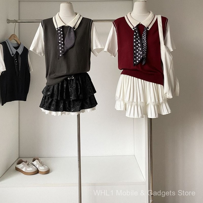 Mùa thu 2025, váy hai mảnh preppy style phong cách Hàn Quốc, tay ngắn dáng vest giả