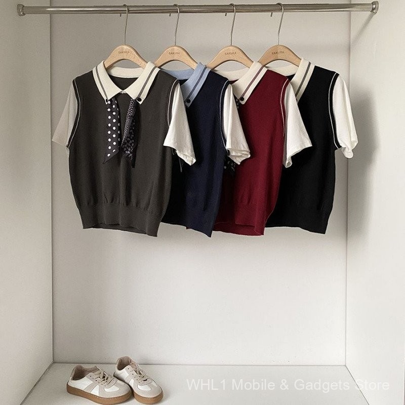 Mùa thu 2025, váy hai mảnh preppy style phong cách Hàn Quốc, tay ngắn dáng vest giả