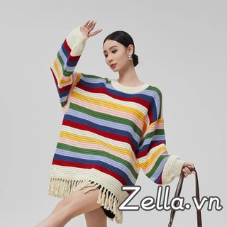Áo len nữ dáng Oversize sọc cầu vồng, tay dài cổ tròn, chất liệu cao cấp