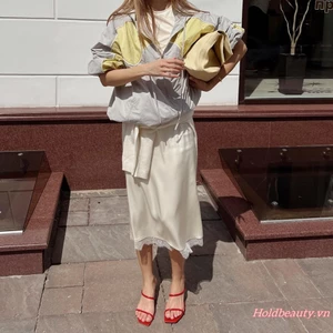 Phụ nữ váy midi satín ren phong cách Pháp, thắt lưng co giãn, phù hợp dạo phố mùa hè