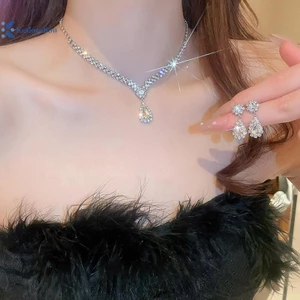Kudosation Thời Trang Đơn Giản Giọt Nước Pha Lê Kim Cương Giả Vòng Cổ Bông Tai Nữ Cưới Ánh Sáng Sang Trọng Bộ Trang Sức Phụ Kiện