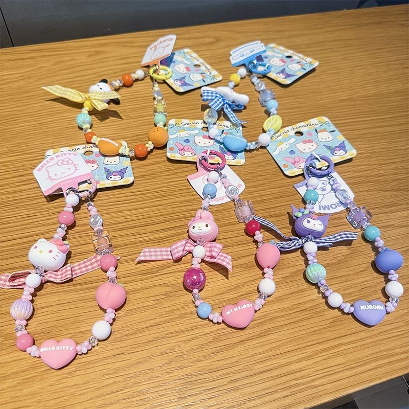 Phụ Kiện Điện Thoại Di Động Chính Hãng Sanrio Hoạt Hình Kuromi KT Mèo Nơ Hạt Ngắn Dây Xích Điện Thoại Di Động Móc Chìa Khóa Đính Hạt Dây Đeo Cổ Tay Điện Thoại Di Động Đa Năng