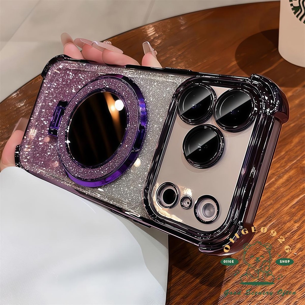 【 Ốp lưng iPhone17 】 Giá đỡ gương lấp lánh mạ màu cam Vỏ điện thoại từ tính iphone17 Pro Max 16 15 14 13 12 cho vỏ iPhone Vỏ mềm silicon TPU chống sốc