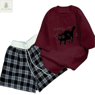 Bộ đồ quần đùi cộc và áo phông tay lỡ cotton su, thời trang thoải mái và phong cách-b