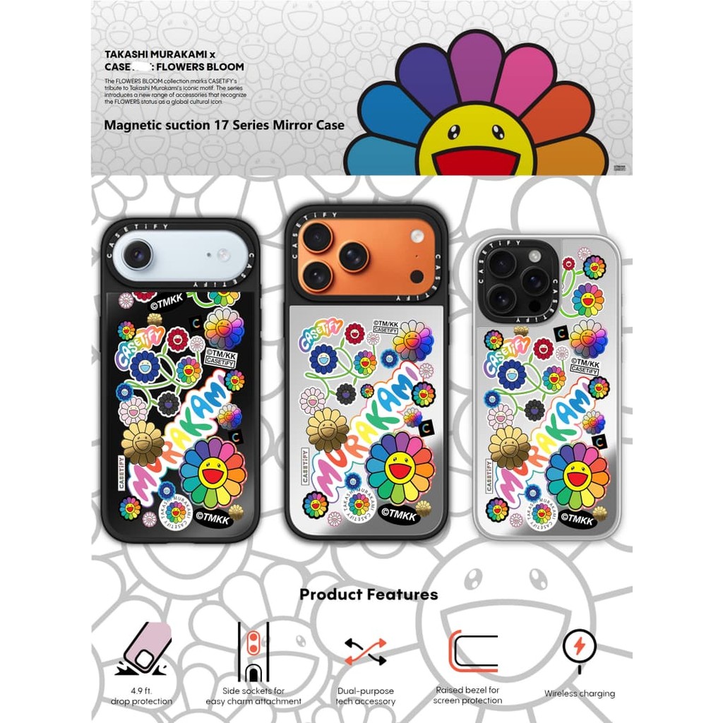 TAKASHI MURAKAMI x CASECASE: HOA BLOOM FLOWERS STICKER MANIA Gương đen & bạc Vỏ iPhone hút từ tính cho iPhone 17 Air 16 15 14 13 12 Pro Max Plus logo khắc