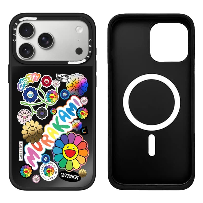 TAKASHI MURAKAMI x CASECASE: HOA BLOOM FLOWERS STICKER MANIA Gương đen & bạc Vỏ iPhone hút từ tính cho iPhone 17 Air 16 15 14 13 12 Pro Max Plus logo khắc