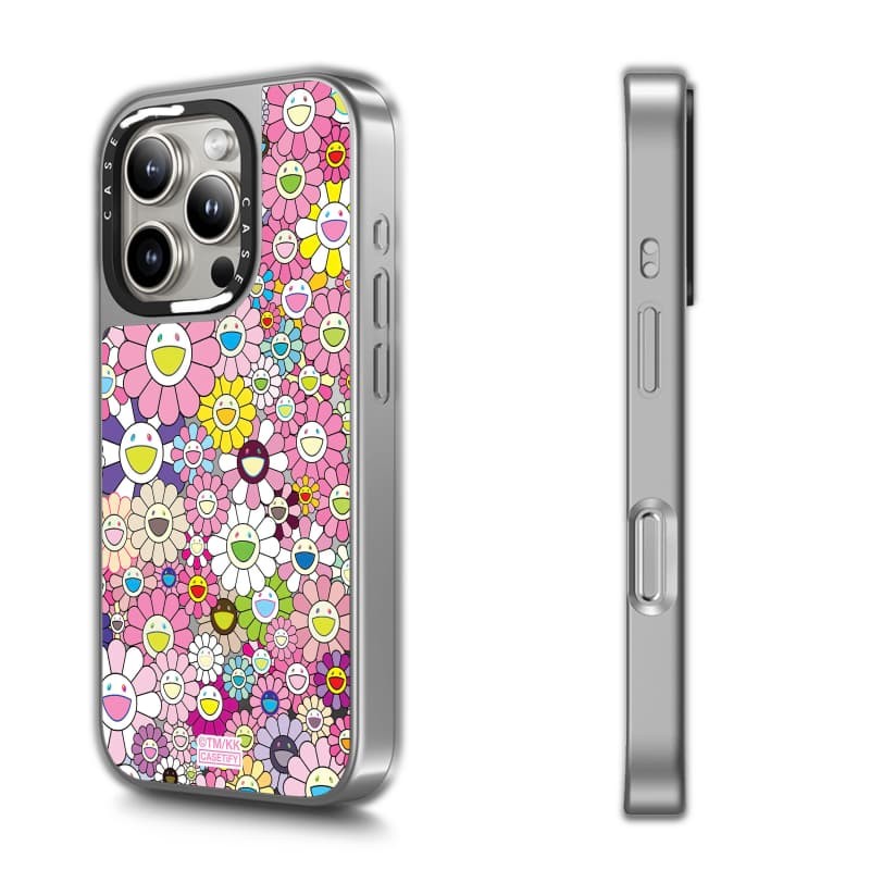 TAKASHI MURAKAMI x CASECASE: FLOWERS BLOOM (HỒNG) Gương đen & mảnh Vỏ iPhone hút từ tính cho iPhone 17 Air 16 15 14 13 12 Pro Max Plus logo khắc