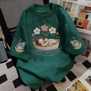 （Giao hàng 24h）Angela Áo thun chữ thêu nữ kiểu hàn quốc form rộng tay lỡ cổ tròn cotton mát - hè hot trend in cách dễ#34