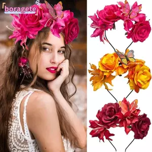BORAGETE Dây buộc tóc hoa hồng nhân tạo, Băng đô hoa nhân tạo thủ công, Mũ nón cưới thời trang Thiết kế bướm nhẹ Băng đô hoa giả cho nữ Cô gái