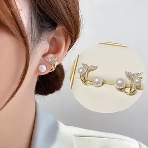 PNPIA- 1 Cặp Hàn Quốc Giả Ngọc Trai Hoa Bông Tai Nữ Pha Lê Thời Trang Trang Sức Thanh Lịch Tiệc Hàng Ngày Bông Tai Đuôi Cá Với Ngọc Trai Bốn Móng Vuốt Tai Hàng Bông Tai Quà Tặng