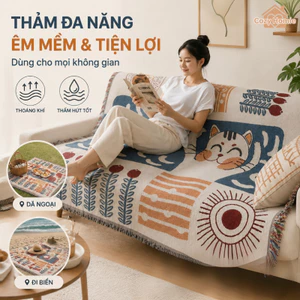 Chăn dã ngoại hình mèo may mắn, chăn đi biển, chăn sofa, giặt máy, thích hợp cho du lịch, cắm trại và chụp ảnh