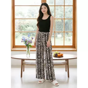 Quần dài nữ CARDINA chất liệu lanh dáng suông họa tiết cạp chun dây rút 6QDT13
