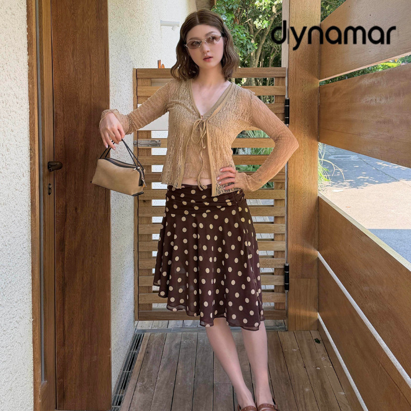 【dynamar】Chân Váy Voan Chấm Bi Vạt Chéo Vintage Nữ, Váy Voan Chấm Bi Nâu Dáng Xòe Hàn Quốc