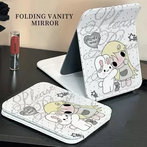 Gương gấp mini họa tiết cô gái ôm thỏ đen trắng gương truyện tranh