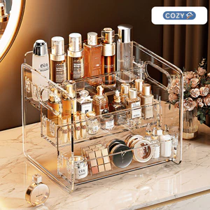 Kệ Đựng Mỹ Phẩm 3 Tầng Nhựa PET Trong Suốt, Khay Đựng Mỹ Phẩm, Nước Hoa, Đồ Trang Điểm Đa Năng