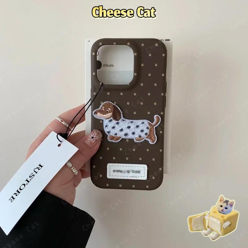 Thêu Nâu Dachshund Dành Cho iPhone 14 15 Plus Xs Max XR 7 Plus 16 13 12 11 17 Pro Max Bao Da Điện Thoại