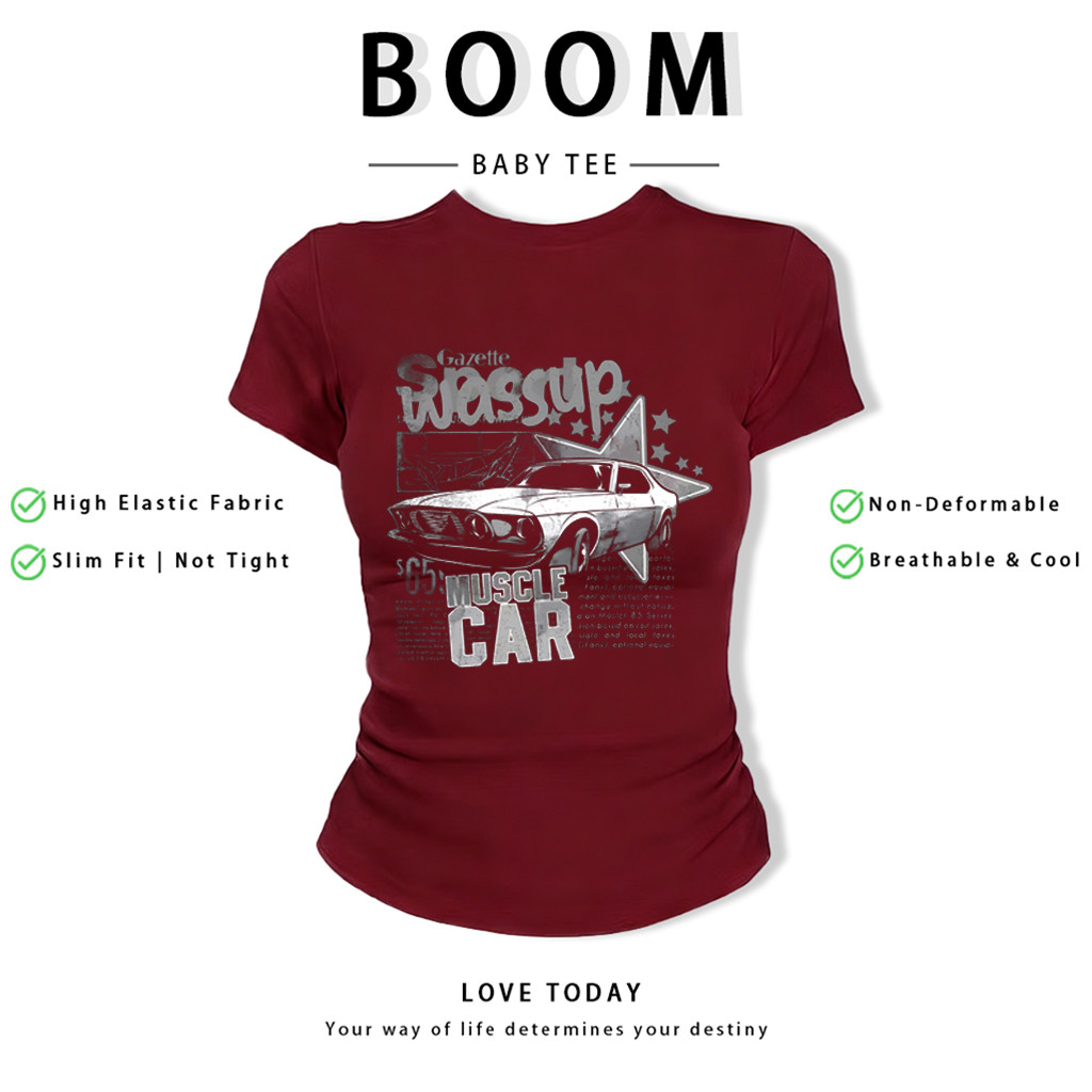 BOOM Áo Baby Tee Nữ Cotton Ôm Body-Áo Thun Ngắn Tay Y2K In Hình PhongCách Mùa Hè, Cổ Tròn Hàng Đầucách hàn quốc phong392