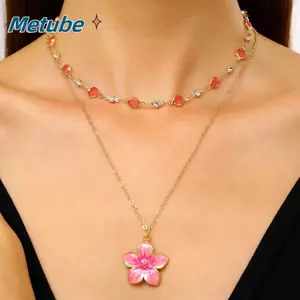 METUBE 2 chiếc/bộ vòng cổ nhiều lớp mạ vàng, mặt hoa, charm pha lê hồng hai lớp, bộ trang sức nữ
