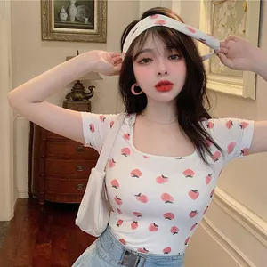 Áo thun ngắn tay in hình nữ cổ vuông gợi cảm phong cách ngắn phù hợp hàng đầu hợp thời trang