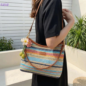 Túi đeo vai dệt SAIA, Dây đeo có thể điều chỉnh màu cầu vồng Túi Tote dệt sọc cầu vồng, Túi xách công suất lớn có khóa kéo Sử dụng hàng ngày