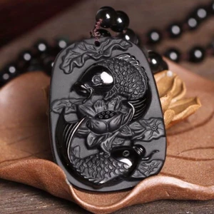 Mặt dây chuyền Song Ngư Sen Obsidian tự nhiên