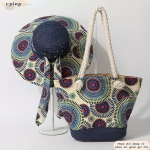 Bộ kỳ nghỉ hè CPINCP, Túi rơm dệt Bohemian dành cho nữ, Mũ chống nắng vành rộng Túi đeo vai đi biển dung tích lớn thông thường cho kỳ nghỉ đi biển