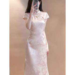 Đầm sườn xám cổ đứng màu hồng phong cách Trung Quốc mới cho nữ, đầm dài ôm dáng thanh lịch mùa hè
