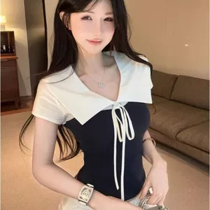 Áo thun ngắn tay hai mảnh màu tương phản phong cách Hàn Quốc dành cho nữ Thiết kế mùa hè Sense Slim-F
