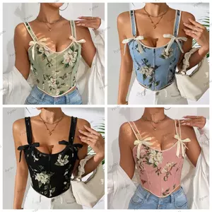 Áo ngực in hoa PYCOU, Áo định hình cơ thể dây đeo đôi mỏng, Áo ngực không tay ngắn cổ điển Corset mặc hàng ngày