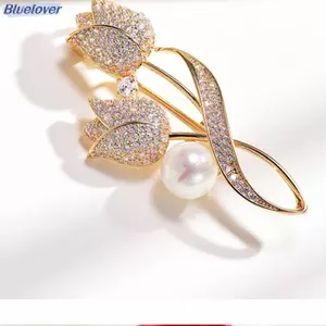 Bluelover Mới Thả Ngọc Trai Tulip Thổ Cẩm Đầy Kim Cương Hoa Phương Tây Đầm Pin Cố Định Quần Áo Chống chói Trang Trí Mới