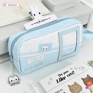 Bút chì BEABOUT, Túi bút màu xanh in chấm bi, Túi đựng bút chì dung tích lớn hình mèo dễ thương bền bỉ dành cho học sinh