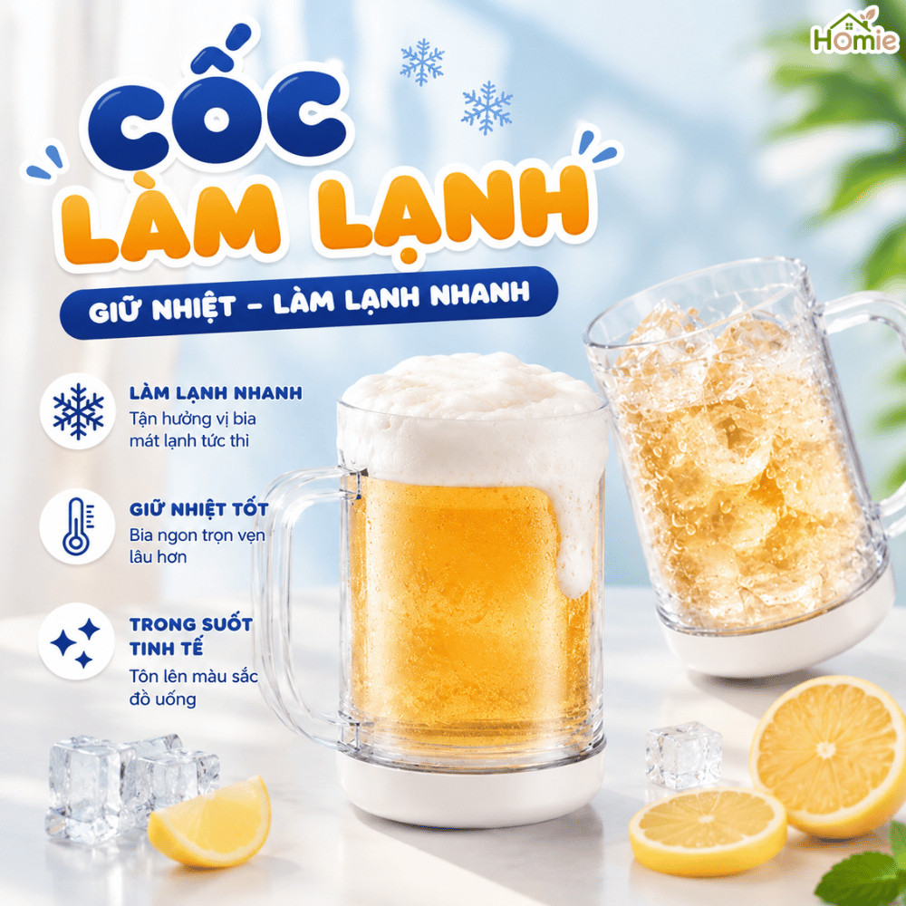 Cốc Uống Nước Làm Lạnh 2 Lớp Tích Hợp Làm Đá HOMIE, Cốc Giữ Nhiệt Bia Vĩnh Cửu Không Tan Đá Đa Năng